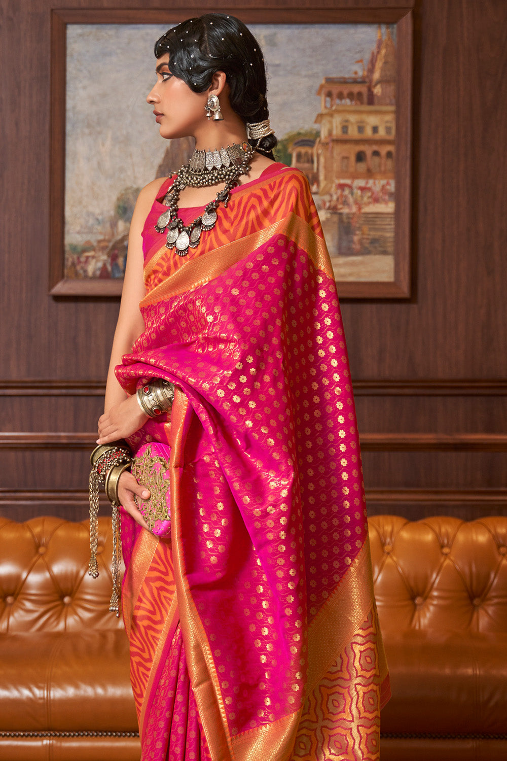 Woven Pure Dupion Silk Saree in Orange - Ucchal Fashion